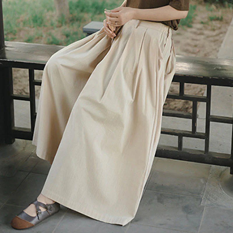 Buddha Stones Casual Plain Loose Cotton Women's Wide Leg Pants With Pockets