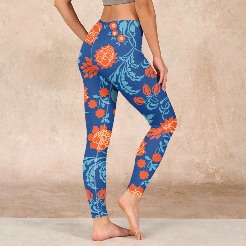 Buddha Stones Steel Blue Red Tulips Flowers Leaves Print Gym Leggings Women's Yoga Pants