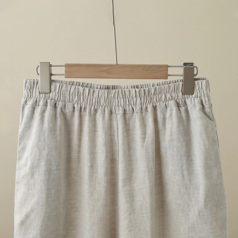 Buddha Stones Commute Retro Plain Lace Patchwork Design 7-8 Length Women's Wide Leg Cotton Pants With Pockets