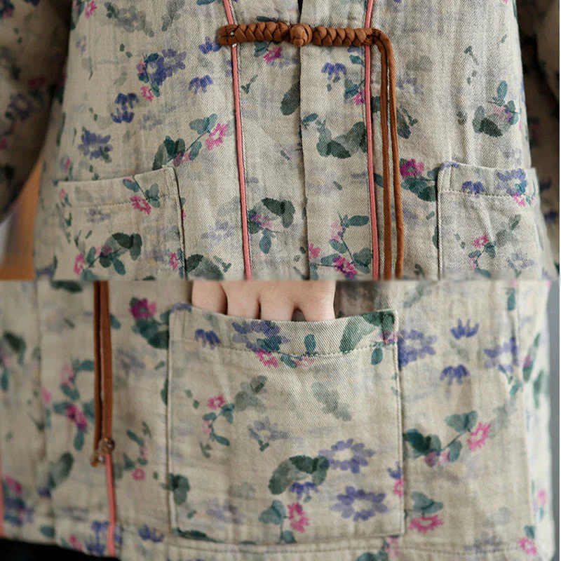Buddha Stones Printing Floral Frog-Button Open Front Cardigan Cotton Linen Jacket With Pockets