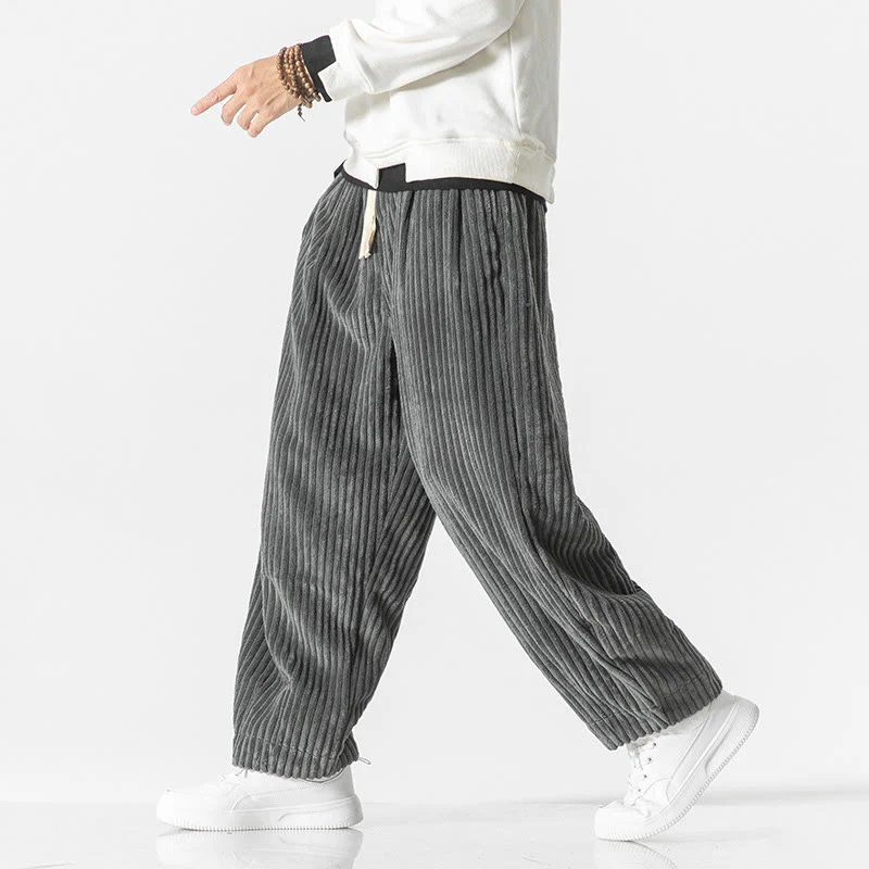 Buddha Stones Retro Winter Solid Color Men's Drawstring Corduroy Harem Pants With Pockets