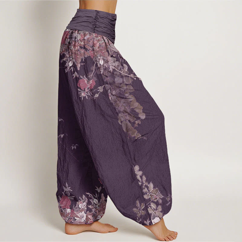 Buddha Stones Casual Red Peony Flower Vine Design Women's Elastic Waist Harem Pants