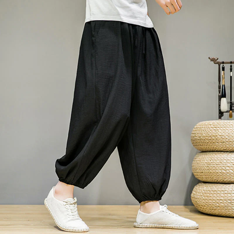Buddha Stones Summer Plain Drawstring Men's Ankle-Length Cotton Harem Pants With Pockets