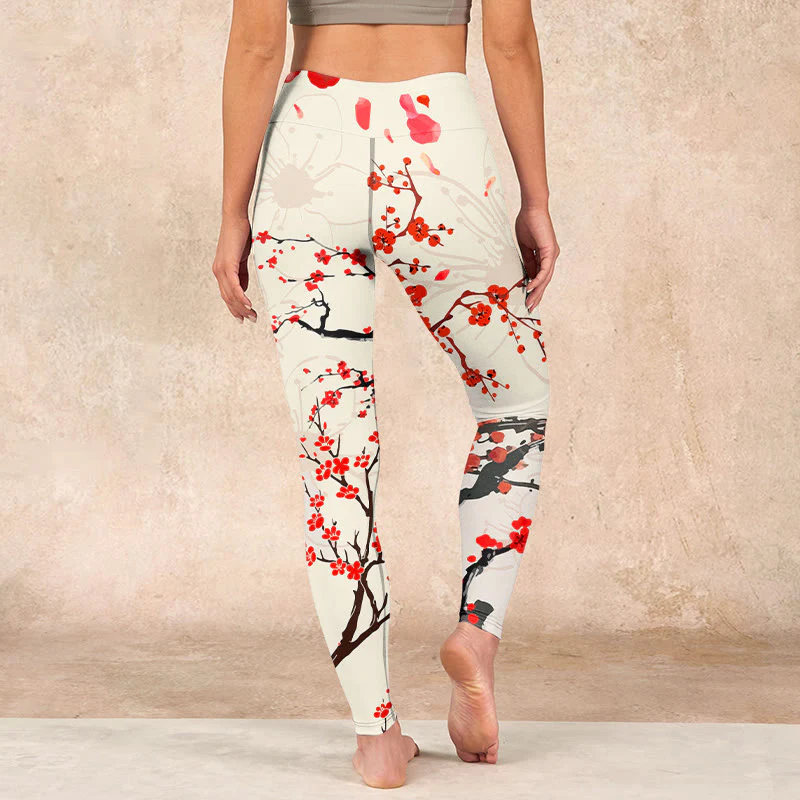 Buddha Stones Blooming Red Plum Blossoms Print Gym Leggings Women's Yoga Pants