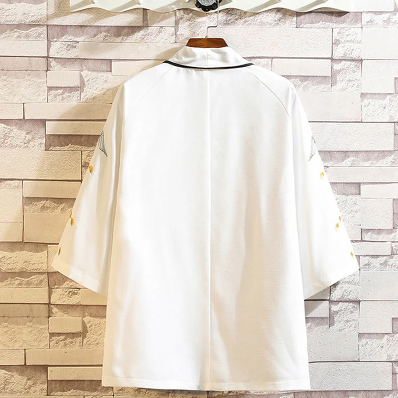 Buddha Stones Embroidery Dragon Phoenix Auspicious Cloud Waves Leaves Cranes Open Front Jacket Men's Kimono