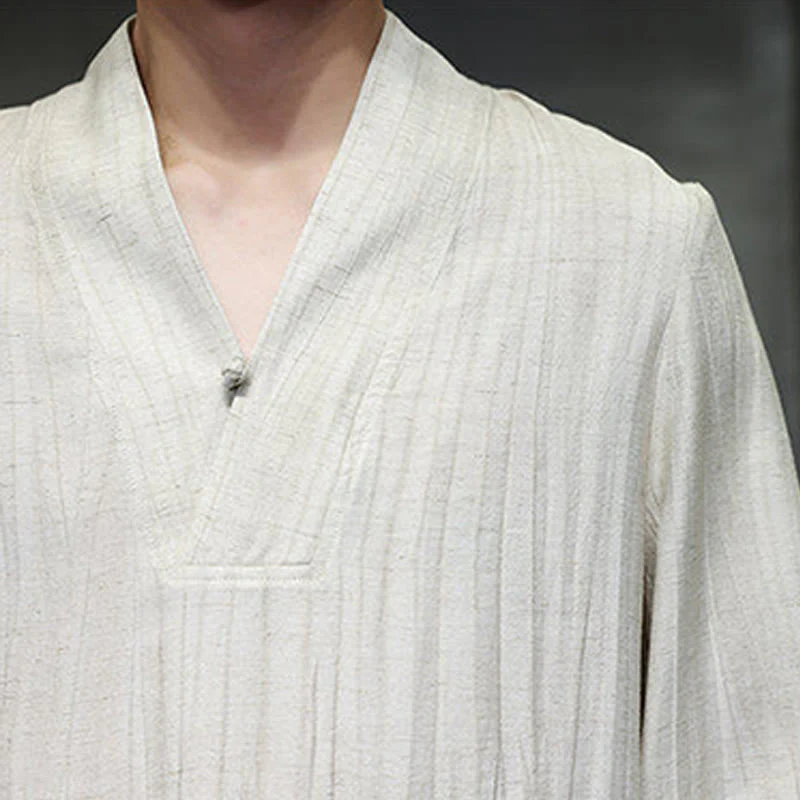 Buddha Stones Plain V-Neck Long Sleeve Men's Linen Shirt
