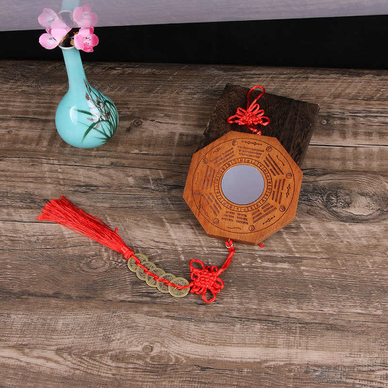 Buddha Stones Feng Shui Bagua Map Peach Wood Five-Emperor Coins Chinese Knotting Balance Energy Map Mirror