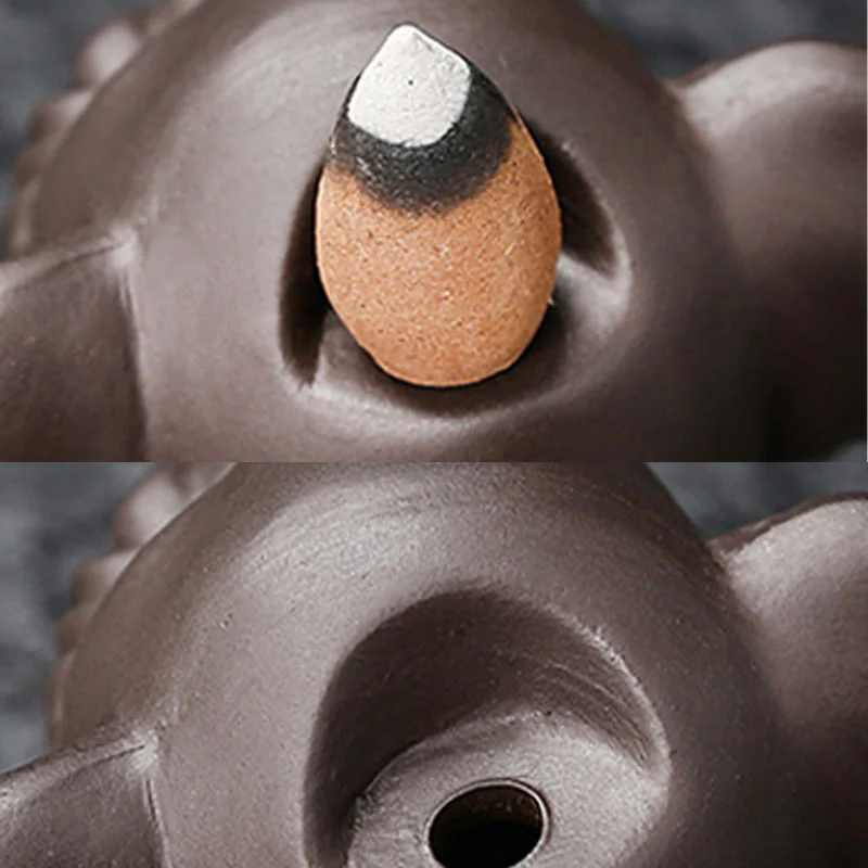 Buddha Stones Cute Elephant Purple Clay Backflow Smoke Fountain Peace Healing Incense Burner Decoration