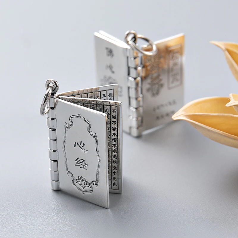 Buddha Stones 990 Sterling Silver Heart Sutra Great Compassion Shurangama Mantra Lotus Vajra Peace Necklace Pendant