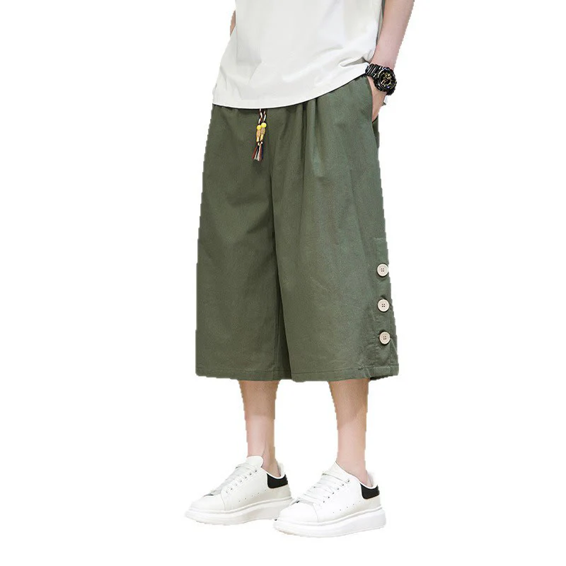 Buddha Stones Casual Plain Side Button Design Drawstring Men's Cotton Cropped Pants With Pockets