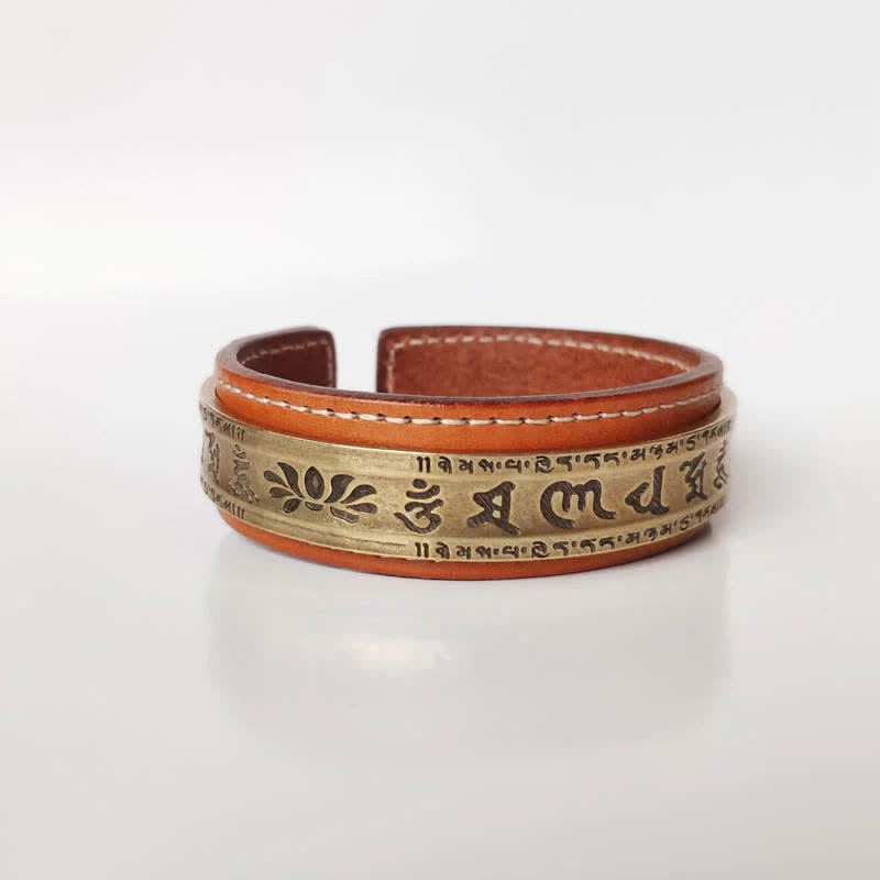 Buddha Stones 2Pcs Om Mani Padme Hum Dragon Phoenix Copper Leather Peace Cuff Bracelet Bangle