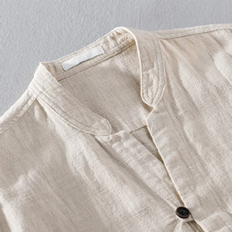 Buddha Stones Spring Daily Simple Buttons Design Stand Collar Men's Long Sleeve Cotton Linen Shirt With Pockets