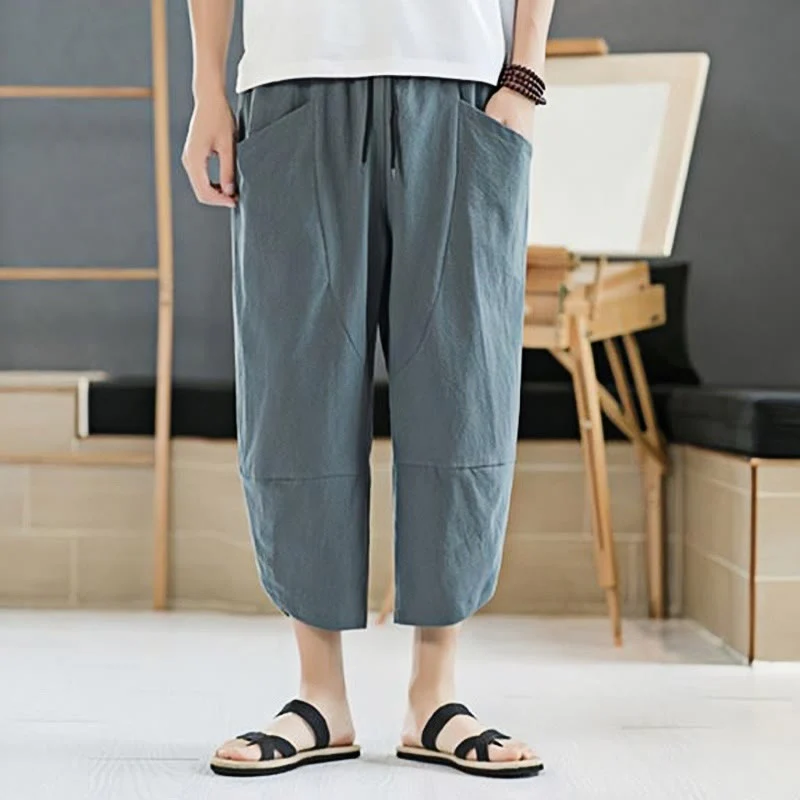 Buddha Stones Summer Men's Solid Color 7-8 Length Cotton Linen Drawstring Pants With Pockets