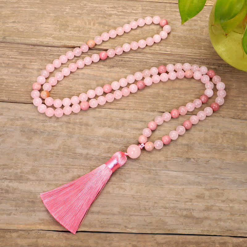Buddha Stones 108 Mala Beads Pink Crystal Love Tassel Bracelet