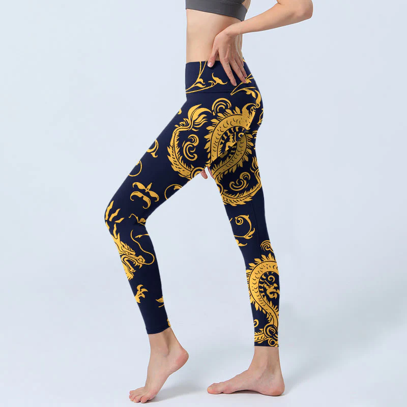 Buddha Stones Golden Dragons Vine Print Gym Leggings Women's Yoga Pants