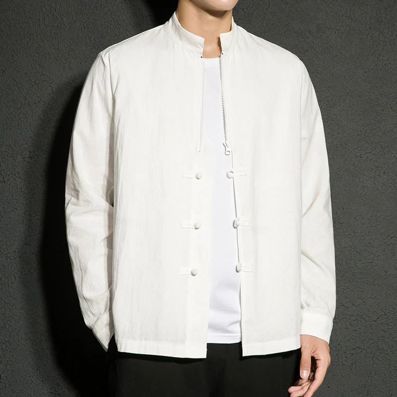 Buddha Stones Plain Zipper Chinese Frog-Button Cotton Long Sleeve Men's Shirt