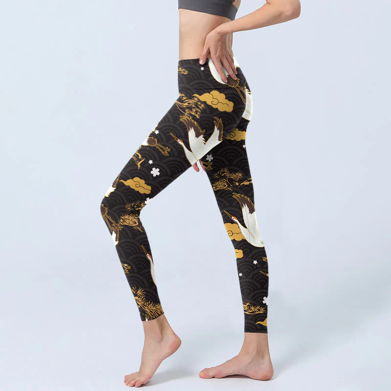 Buddha Stones Golden Auspicious Cloud Pine Branch Crane Wave Pattern Print Gym Leggings Women's Yoga Pants