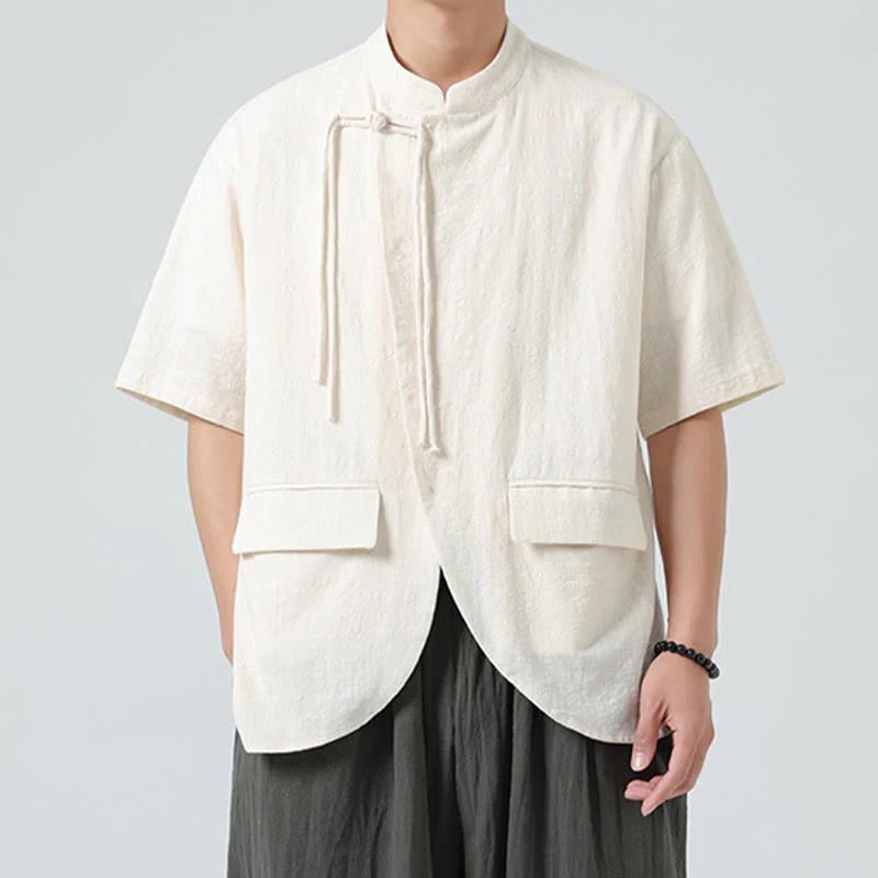 Buddha Stones Vintage Solid Color Irregular Hem Design Stand Collar Men's Half Sleeve Cotton Shirt Cardigan With Pockets