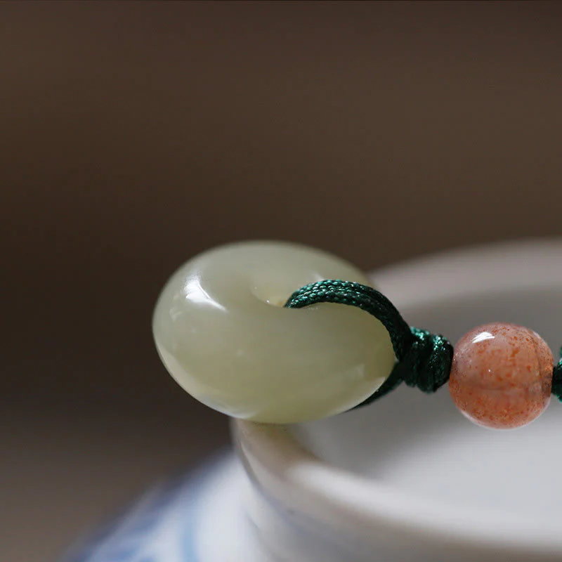 Buddha Stones Natural Round Jade Peace Buckle Lotus Abundance String Necklace Pendant