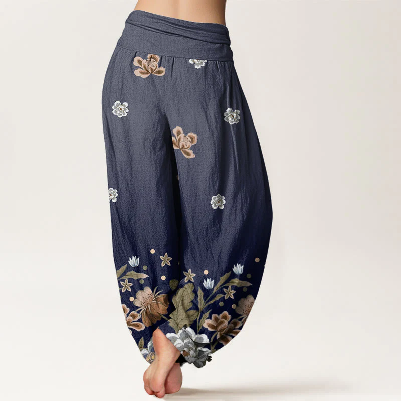 Buddha Stones Casual Blooming Flowers Pattern Women's Elastic Waist Harem Pants