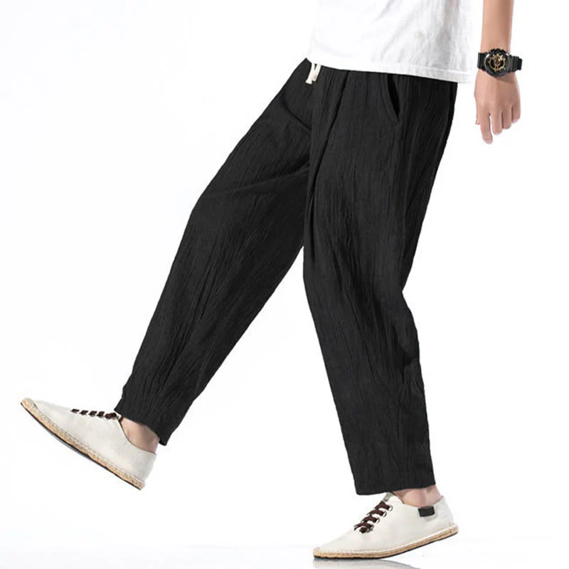 Buddha Stones Casual Plain Pleated Design Drawstring Men's Long Cotton Linen Harem Pants With Pockets