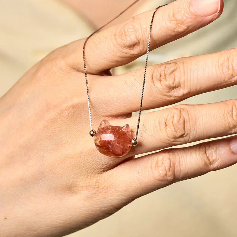 Buddha Stones 925 Sterling Silver Cat Head Natural Red Flower Quartz Protection Necklace Pendant