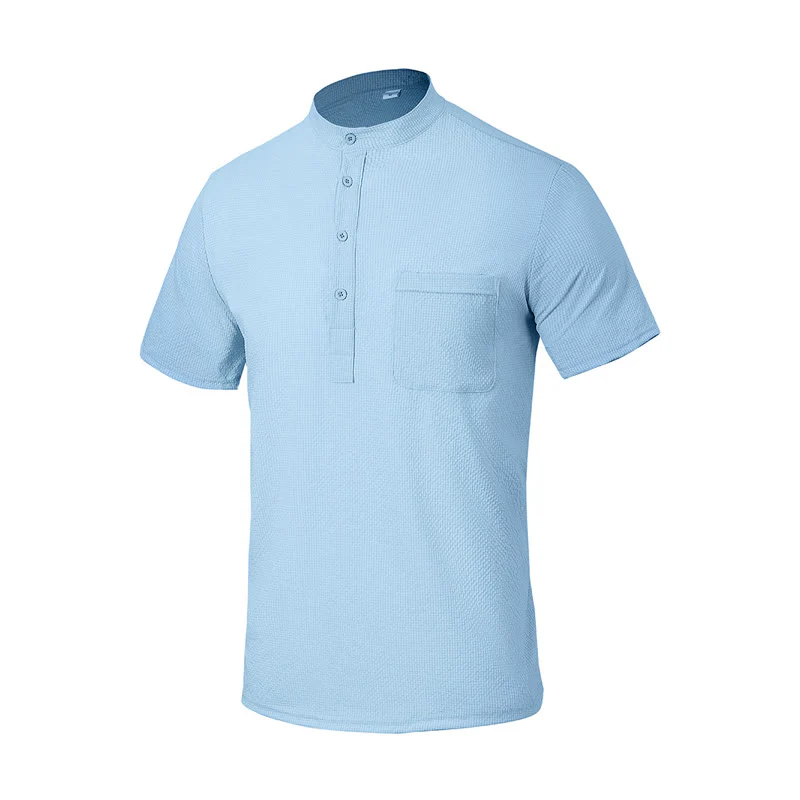 Buddha Stones Solid Color Polo Plaid Half Buttons Men's Short Sleeve Shirt