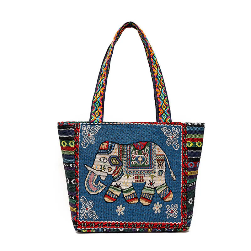 Buddha Stones Elephant Butterfly Embroidered Large Capacity Canvas Tote Bag Shoulder Bag