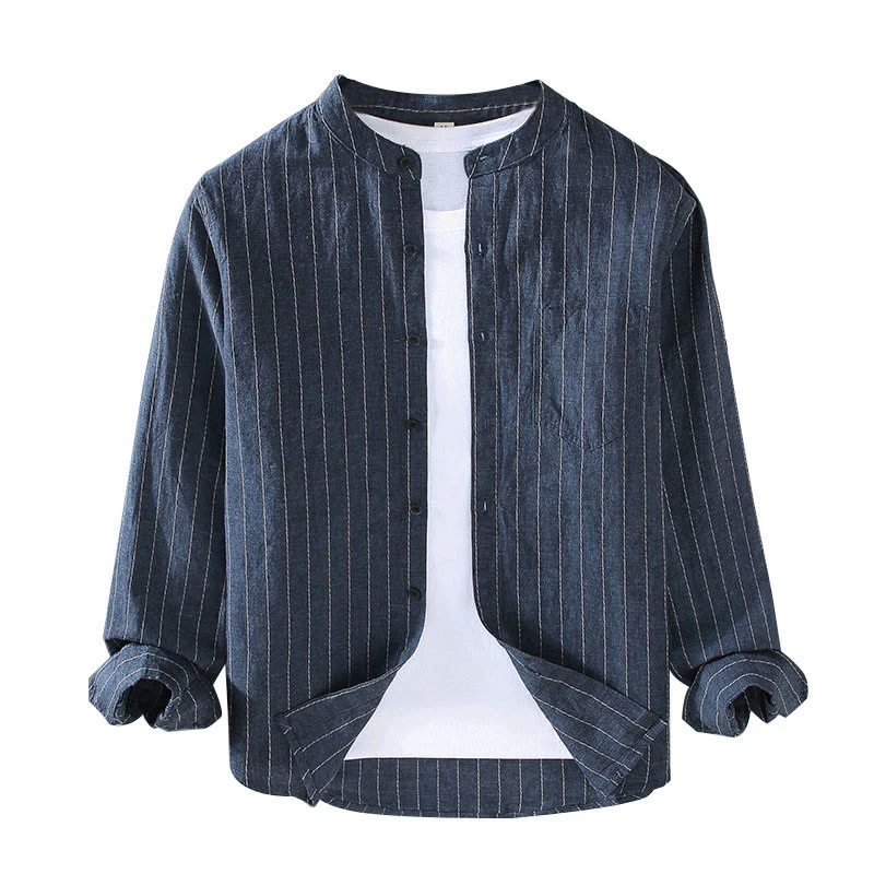 Buddha Stones Vintage Tang Suit Men's Striped Pattern Cotton Linen Long Sleeve Shirt
