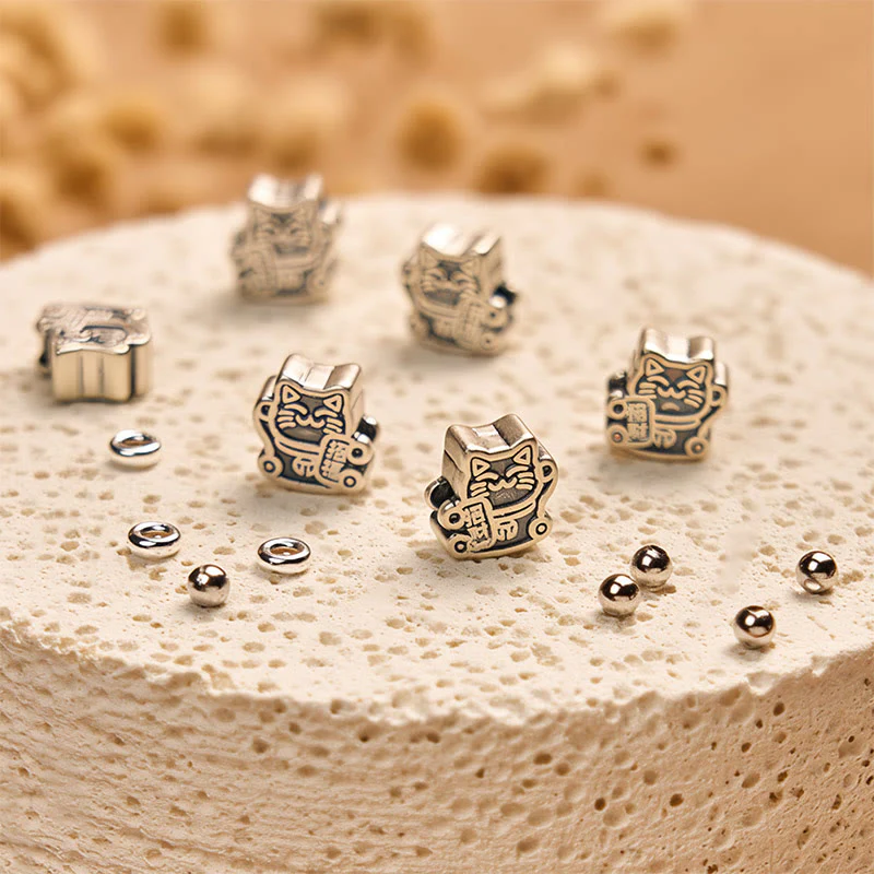 Buddha Stones 925 Sterling Silver Calico Cat Stone Bead Bracelet