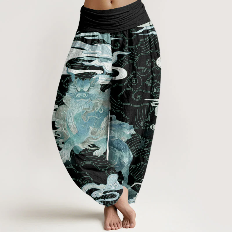 Buddha Stones Pure Cotton PiXiu Auspicious Clouds Pattern Women's Elastic Waist Harem Pants