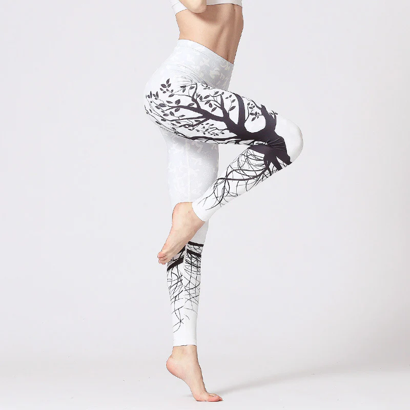 Buddha Stones Lines Weeds Sakura Flowers Black Tree Print Pants Sports Fitness Yoga Leggings Women's Yoga Pants