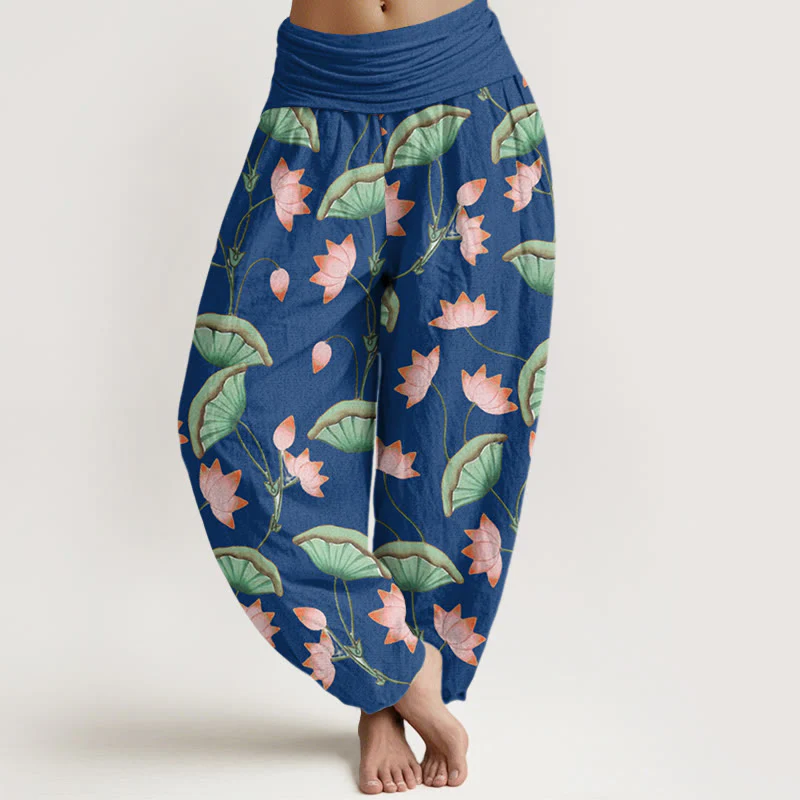 Buddha Stones Pink Lotus Flowers Lush Green Leaves Pattern Women's Elastic Waist Harem Pants
