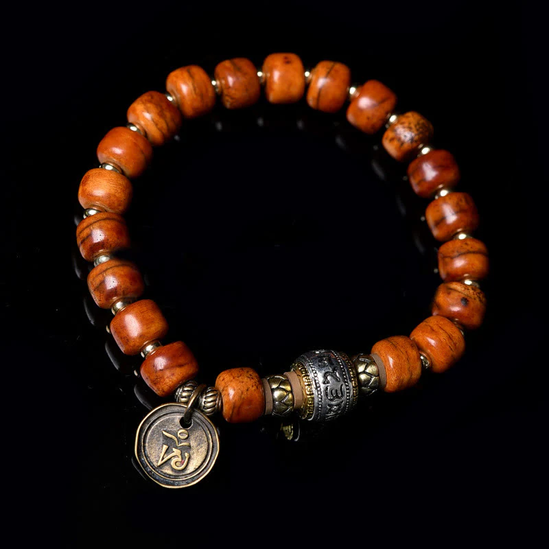 Buddha Stones Natural Tibetan Camel Bone Barrel Beads OM Sanskrit Luck Protection Bracelet