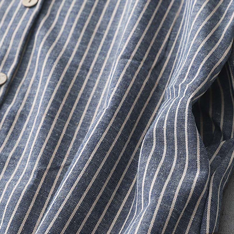 Buddha Stones LightSteelBlue White Striped Button Design Lapel Cotton Linen Midi Dress With Pockets