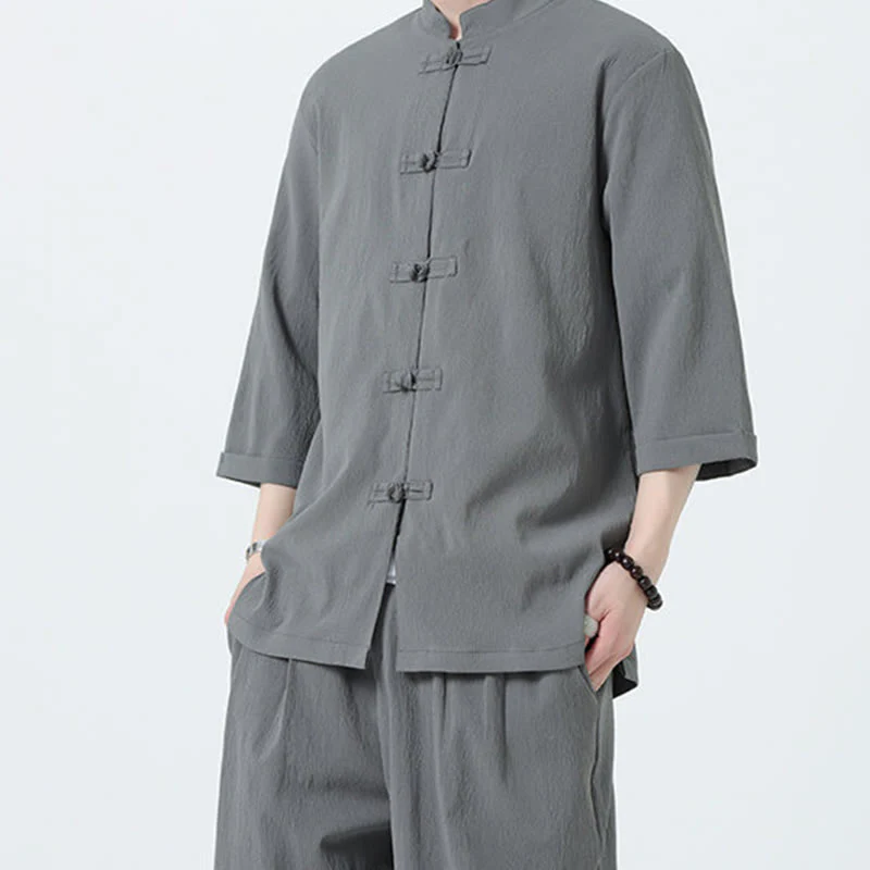 Buddha Stones 2Pcs Solid Frog-Button Three Quarter Sleeve Shirt Pants Men's Set