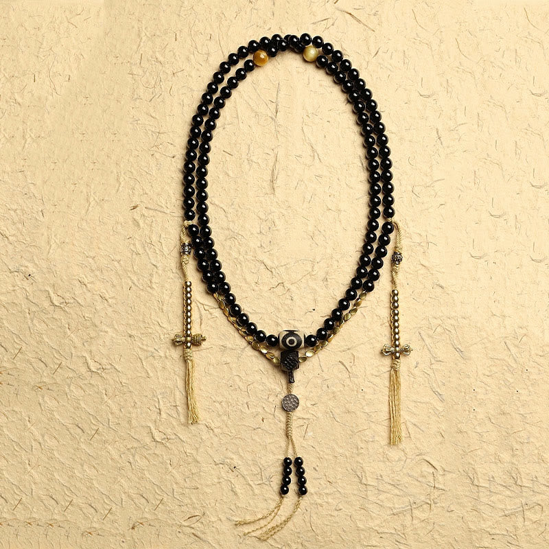 Buddha Stones Tibetan 108 Mala Beads Black Onyx Three-eyed Dzi Beads Protection Bracelet