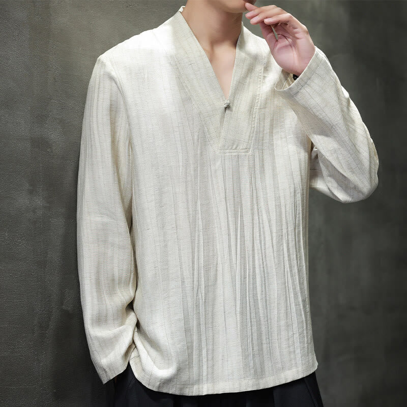 Buddha Stones Plain V-Neck Long Sleeve Men's Linen Shirt