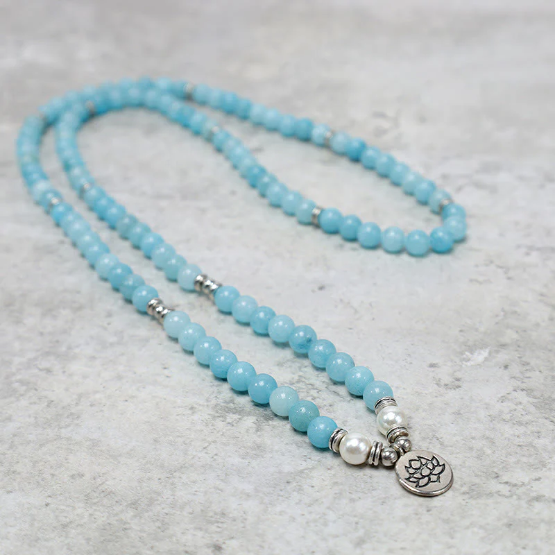Buddha Stones Natural Amazonite Stone Healing Lotus Mala Bracelet