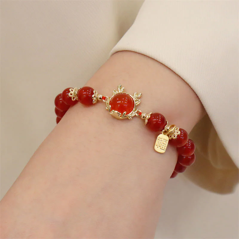 Buddha Stones Year of the Dragon Red Agate Jade Peace Buckle Fu Character Success Bracelet (Extra 30% Off | USE CODE: FS30)