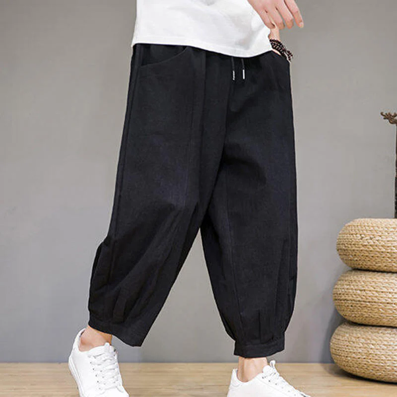 Buddha Stones Casual Plain Men's Cotton 7-8 Length Harem Pants With Pockets