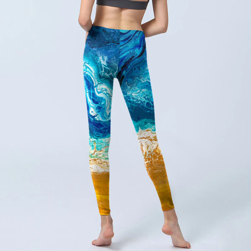 Buddha Stones Ocean Wave Golden Shore Pattern Print Gym Leggings Women's Yoga Pants