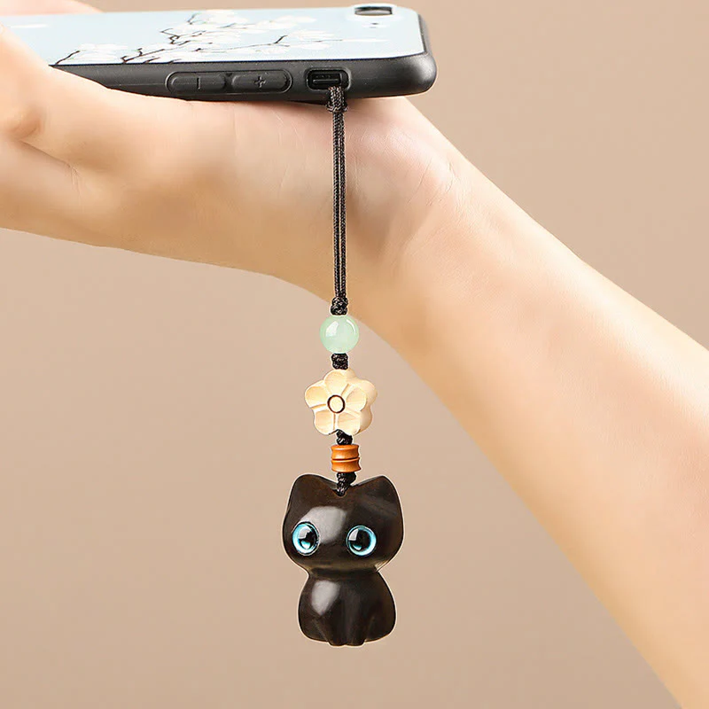 Buddha Stones Mini Small Leaf Red Sandalwood Ebony Wood Lucky Cat Lovely Kitty Peace Key Chain Phone Hanging Decoration