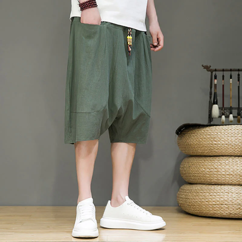 Buddha Stones Casual Drawstring Cotton Linen Men's Capri Harem Pants With Pockets