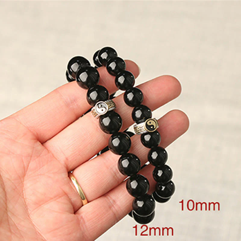 Buddha Stones Black Obsidian Yin Yang Nine-Character Mantra Fulfilment Bracelet