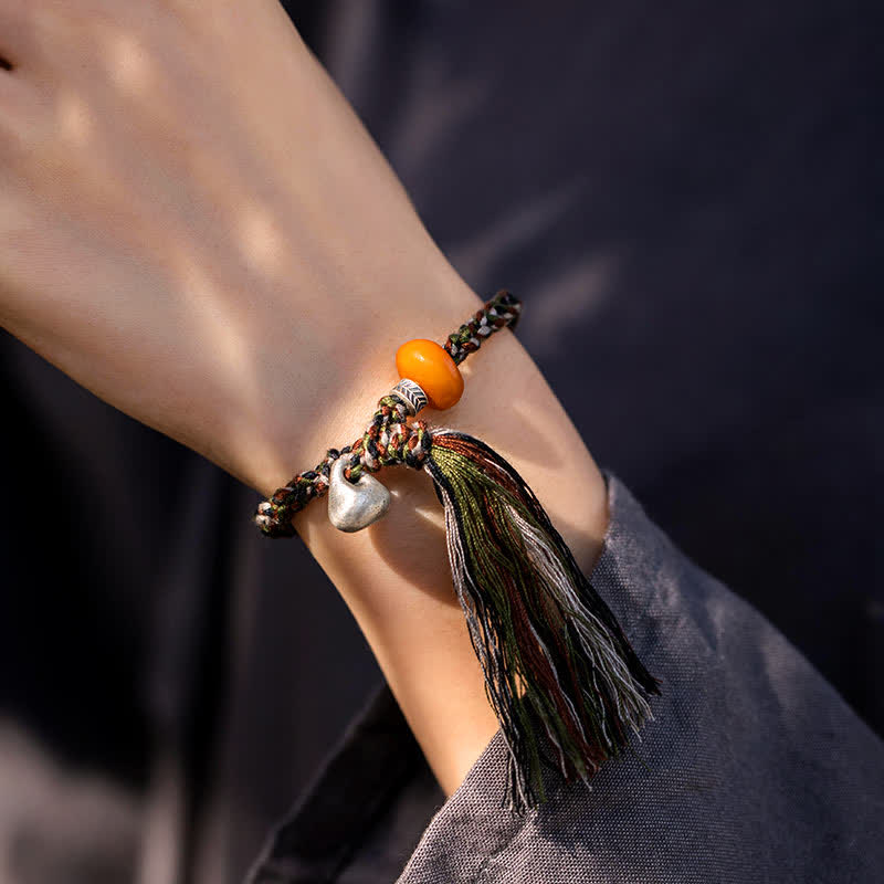 Buddha Stones 990 Sterling Silver Tibetan Handmade Amber Steelyard Weight Wish Protection Bracelet