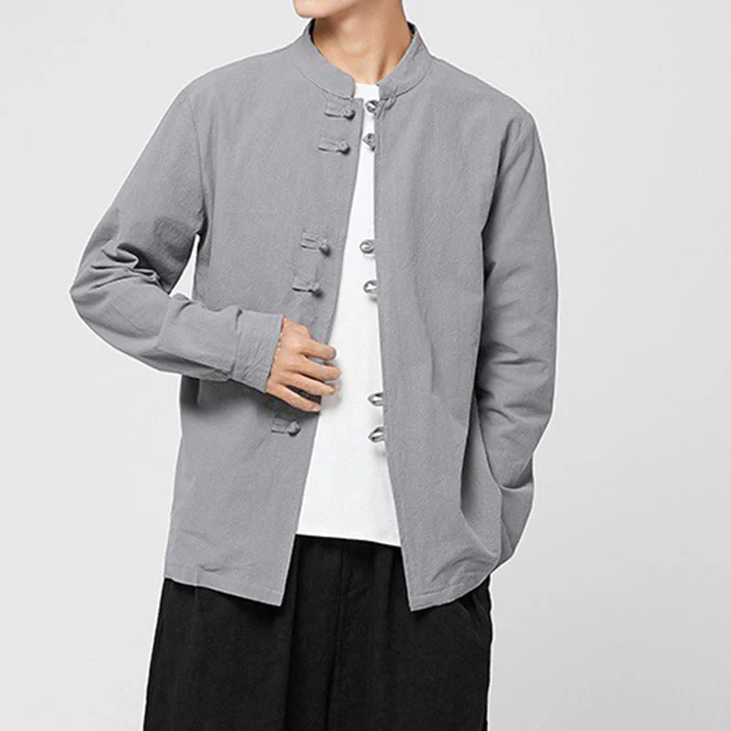 Buddha Stones Men's Frog-Button Dragon Pattern Cuffs Cotton Long Sleeve Shirt