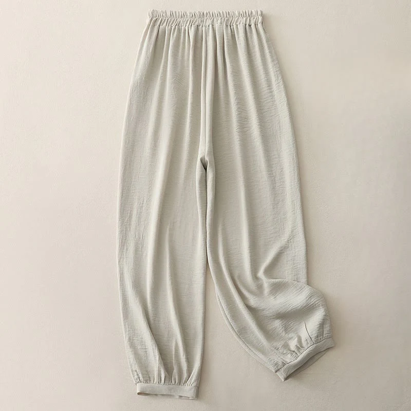 Buddha Stones Summer Commute Plain Pleated Design 7-8 Length Women's Harem Cotton Linen Pants With Pockets