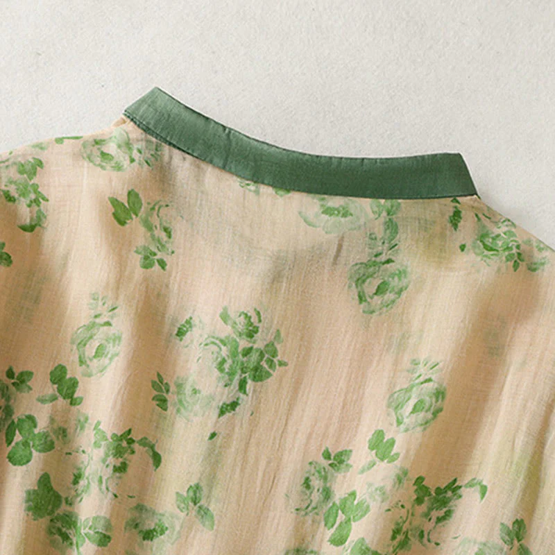 Buddha Stones Retro Printing Buttons Design Drawstring High Waist Cotton Midi Dress With Pockets