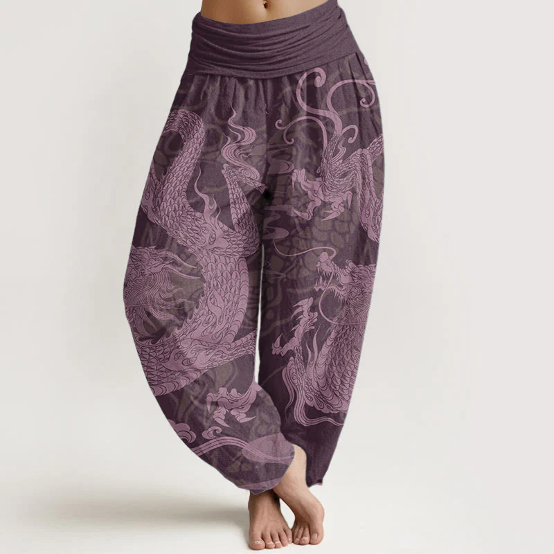 Buddha Stones Pure Cotton Dragon Auspicious Clouds Women's Elastic Waist Harem Pants